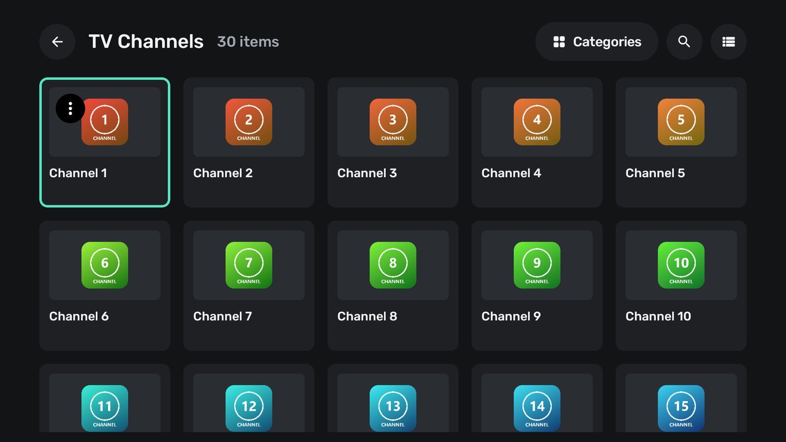Live TV channels grid